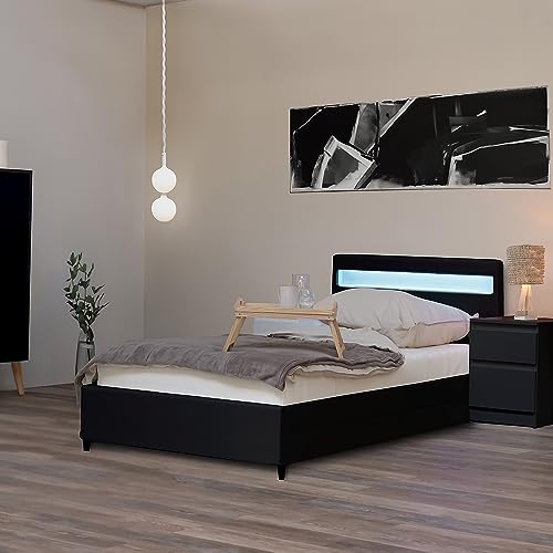 Home Deluxe - LED Bett NUBE - Schwarz 90 x 200 cm - inkl. Matratze, Lattenrost und Schubladen I Polsterbett Design Bett inkl. Beleuchtung