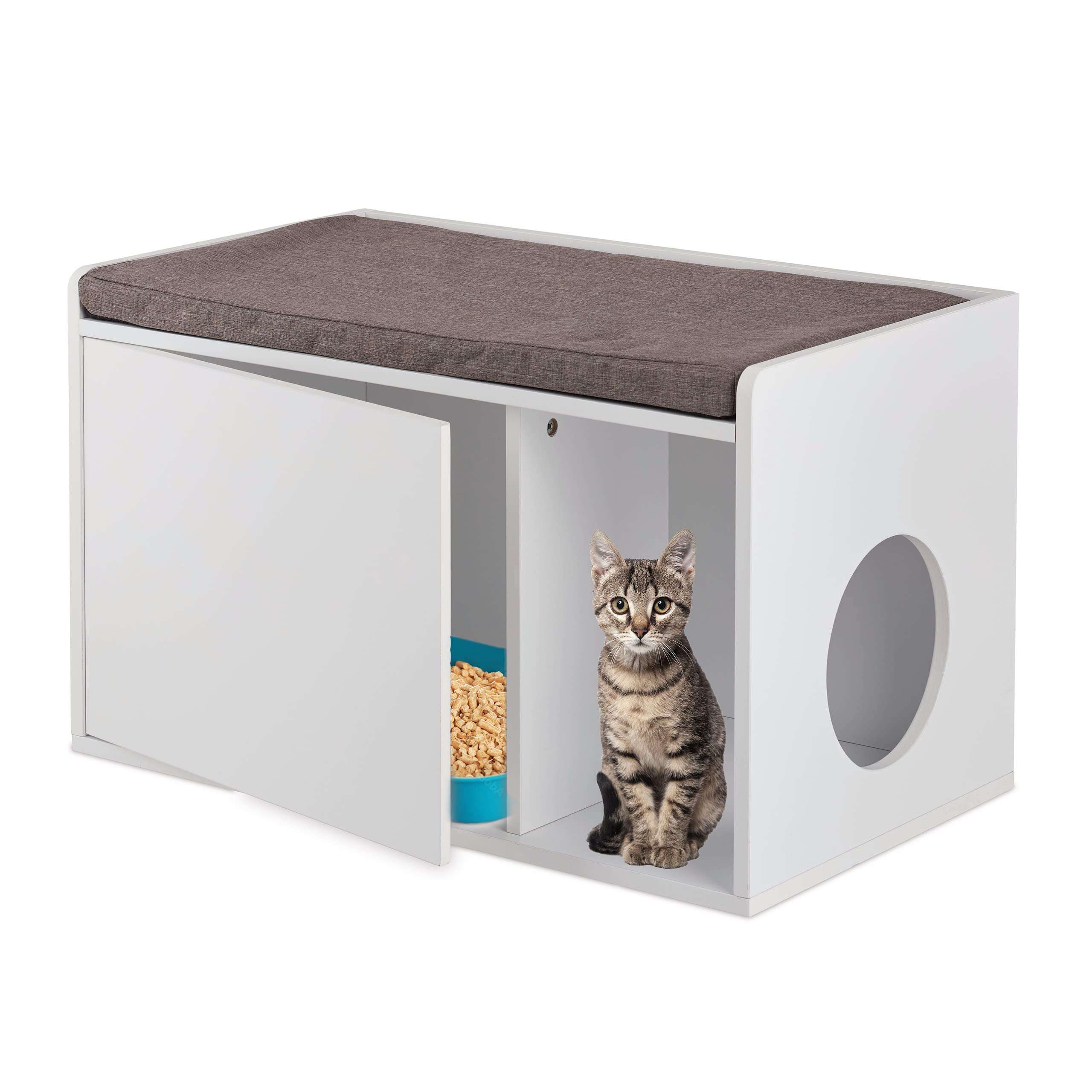 Relaxdays Katzenschrank mit Sitzauflage, 2in1 Katzenkommode & Sitzbank, HBT: 45,5 x 75 x 43 cm, für Katzenklo, weiß/grau