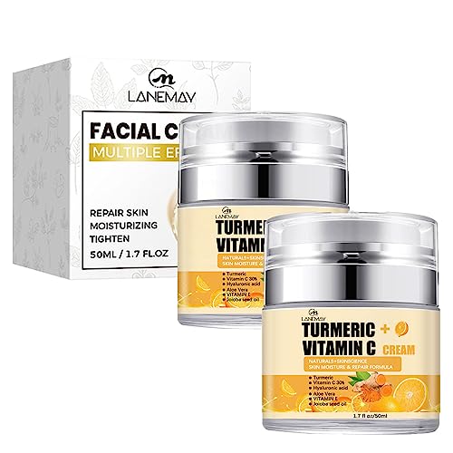 Vitamin-C Creme mit Kurkuma für Gesicht, Feuchtigkeitsspendende, Straffende und Aufhellende Gesichtscreme für Altersflecken, dunkle Flecken und sonnengeschädigte Haut, 50ml (2 Stück)