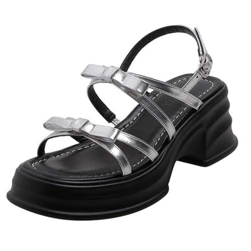 NEOFEN Damen-Sandalen mit Plateau-Absatz, Riemchen, offener Zehenbereich, Slip-On, modisch, sexy Kleid, niedliche Schleife, rückenfrei, High Heels (Color : Silver, Size : 39 EU)
