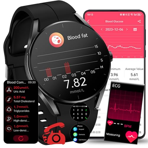 Fohatu 𝐄𝐂𝐆𝐏𝐏𝐆 Smartwatch 𝐛𝐥𝐮𝐭𝐳𝐮𝐜𝐤𝐞𝐫𝐛𝐥𝐮𝐭𝐳𝐮𝐜𝐤𝐞𝐫𝐦𝐞𝐬𝐬𝐮𝐧𝐠,Smartwatch Mit Bluetooth-Anrufe Blutfette Harnsäure Körpertemperatur Monitor,Black