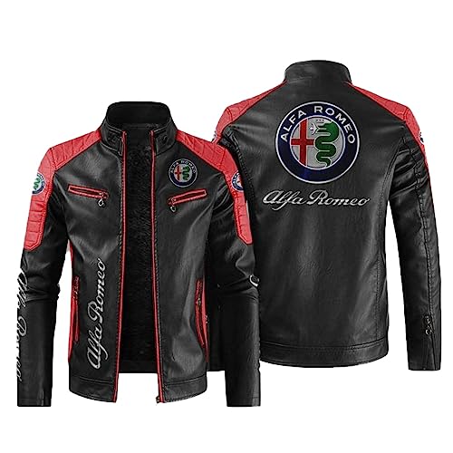 Motorrad Jacke, Alfa Ro-meo Lederjacke Herren Winter, Leather Jacket Men Casual-Red||S
