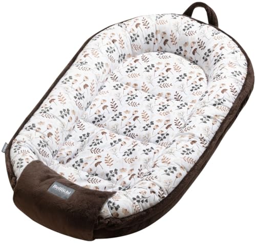 Bellochi Babynest für Neugeborene | Babyliegennest | 100% Baumwolle | 90x60x12cm - mit Schutzkanten | 0-9M | Choco Arcadia