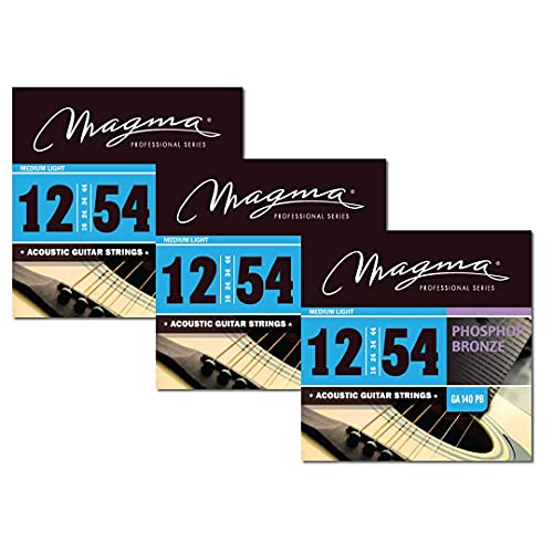 Magma - Saiten für Akustikgitarren – 3 Sets von 12-54 Gauge Medium Light Phosphorbronze Akustiksaiten (0,12 Zoll – 0,54 Zoll) - GA140PB