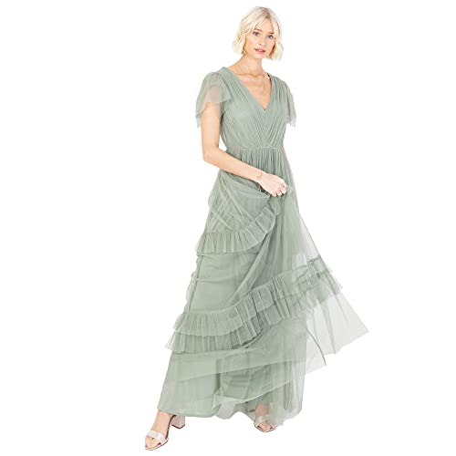 Anaya with Love Damen Ladies Maxi Dress for Women Short Sleeve Evening Ball Gown Tiered V Neck Bow Tie Bridesmaid Wedding Guest Prom Long Kleid, Frosted Green, 44