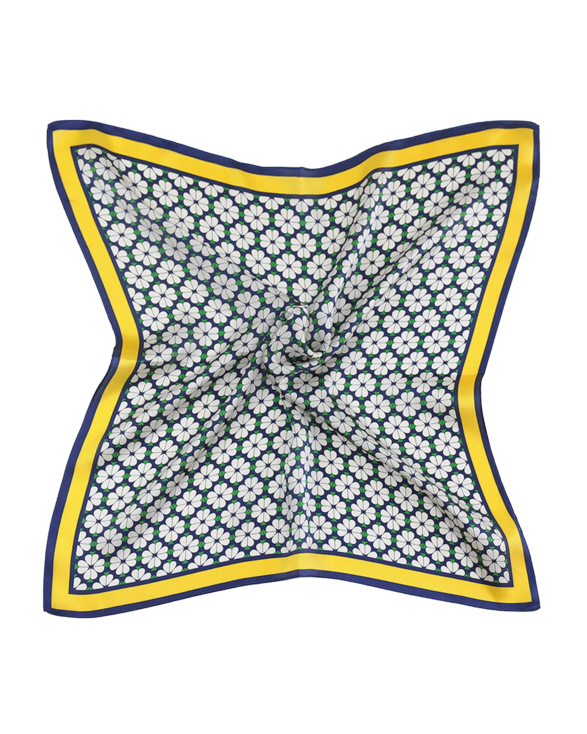 MayTree Seidentuch, buntes Halstuch für Damen aus 100% Maulbeer-Seide, quadratisch weisser Klee 53x53 grünmit leuchtend gelbem Rand