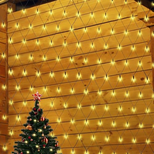SALCAR Anti-Rost LED Lichternetz 3x2m, LED Lichtervorhang 31V Sicherheitsnetzteil, Busche 204er LED Lichterkette Innen und Außen für Weihnachten, Party, Geburstag, Hochzeit - Warmweiß