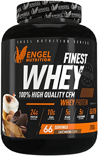 Engel Nutrition Finest Whey Protein Pulver | 100% CFM Whey Protein aus Weidemilch | Eiweißpulver mit extra Aminosäuren, Enzymen & Probiotika |Über 24g Protein, nur 0,5g Fett (Café Mocha, 2kg)