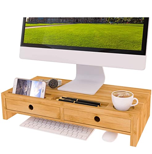 Monitorständer Bildschirmständer Bildschirmerhöhung Tischaufsatz Monitorerhöhung mit 2 Schubladen & Fächern (Natur)