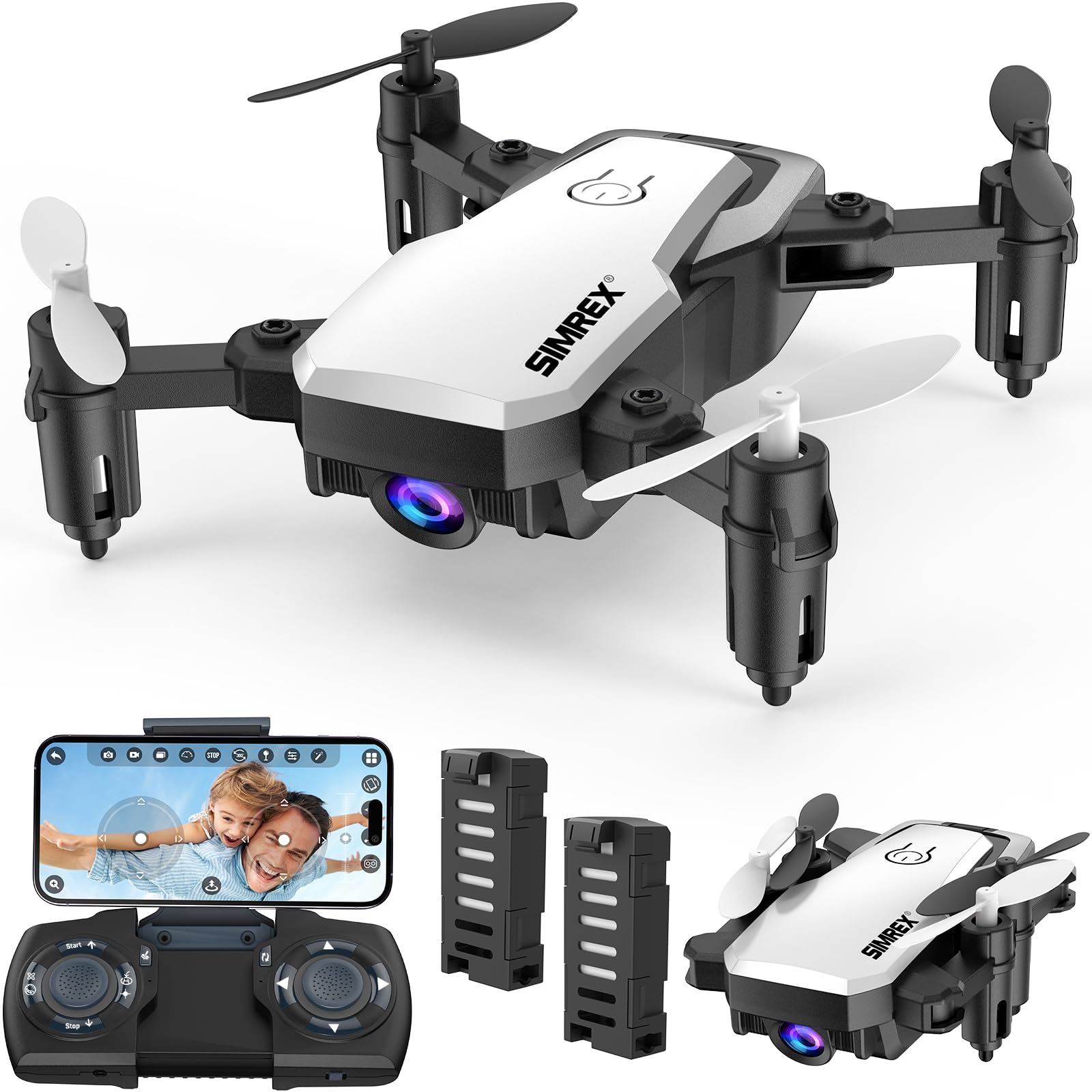SIMREX X300C Mini Drohne mit Kamera 720P HD FPV, RC Quadcopter faltbar, Höhenhaltung, 3D-Flip, Headless-Modus, Schwerkraftkontrolle und 2 Batterien, Geschenke für Kinder, Erwachsene, Anfänger, Weiß