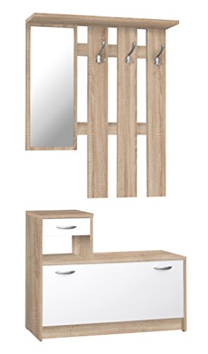 Eingangsmöbel mit Spiegel, Eingang für Flur mit Schuhregal, Taschenleerer für kleine Wohnungen, 100x25h180 cm, Farbe Weiß und Eiche