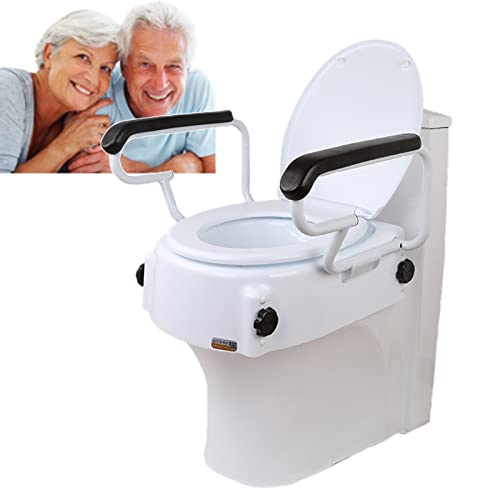 Erhöhter Toilettensitz mit Deckel, Toilettensitzlift, Toilettensitzerhöhungen – 3-fach verstellbare/klappbare Armlehnen, Badehilfe für Behinderte und ältere Menschen