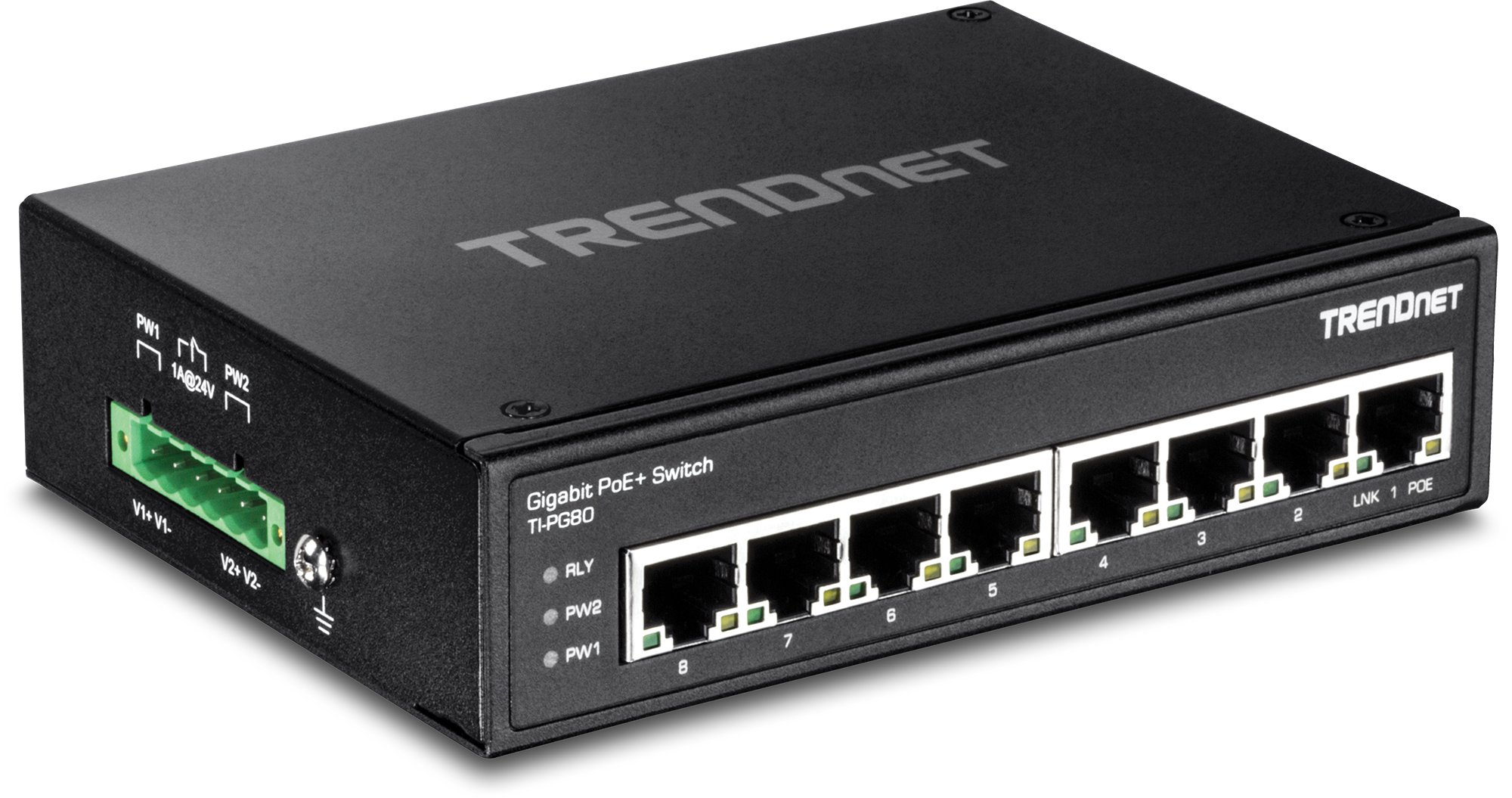 TRENDnet TI-PG80 8-Port gehärteter industrieller, nicht verwalteter Gigabit-PoE + DIN-Schienen-Switch, 200 W Full PoE + Leistungsbudget, IP30-Netzwerk-Switch