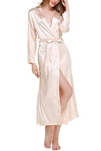 Dolamen Damen Morgenmantel Kimono Lange, Luxuriös Spitze Glatte Satin Nachtwäsche Bademantel Robe Kimono Negligee Seidenrobe locker Schlafanzug, Büste 108cm, 45.52 Zoll (Gold)