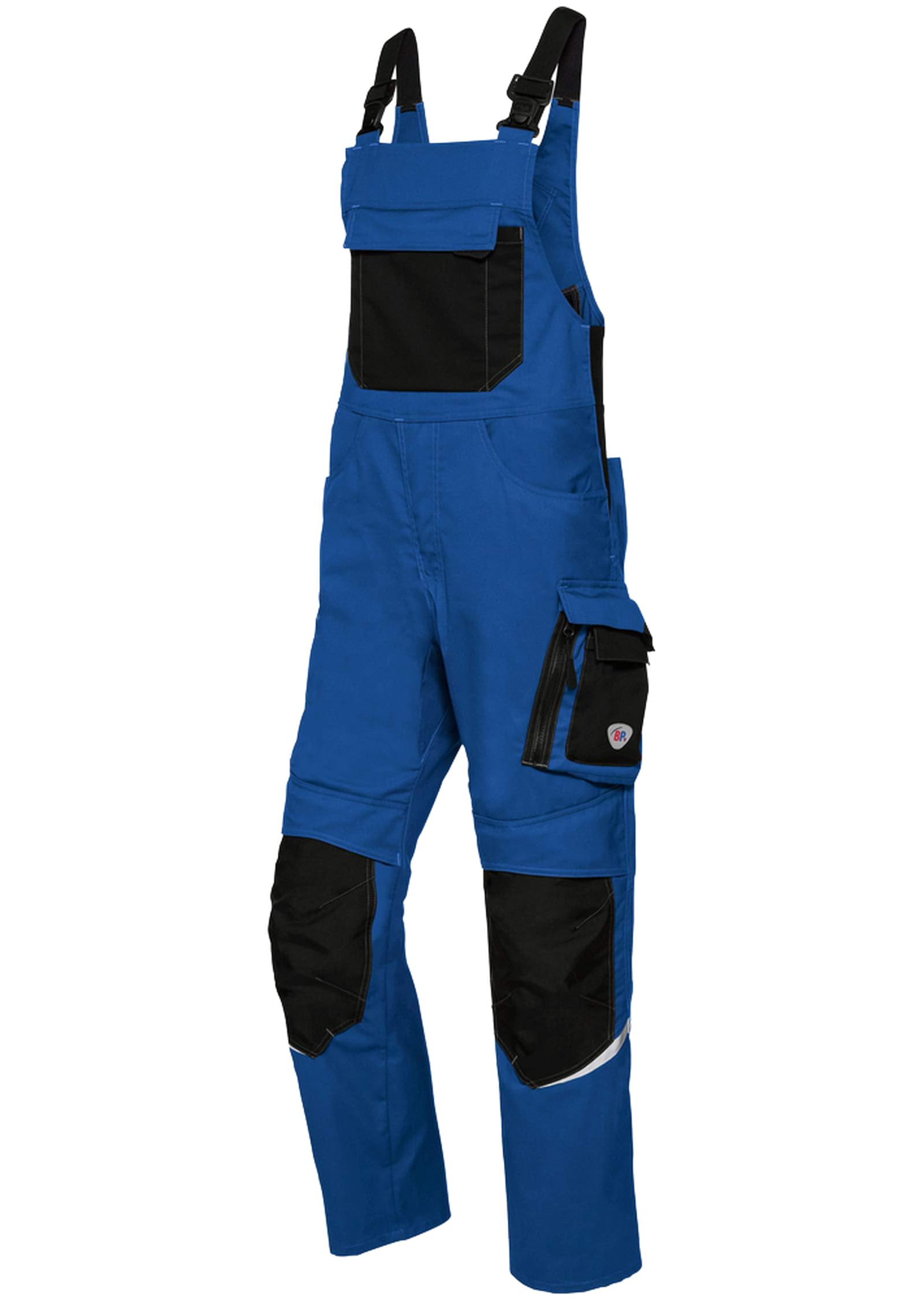 BP 1979-570-1332 Latzhose mit Kniepolstertaschen - Stretch-Hosenträger - Verstellbarer Bund - 65% Polyester, 35% Baumwolle - Lange Passform - Größe: 48l - Farbe: königsblau/schwarz