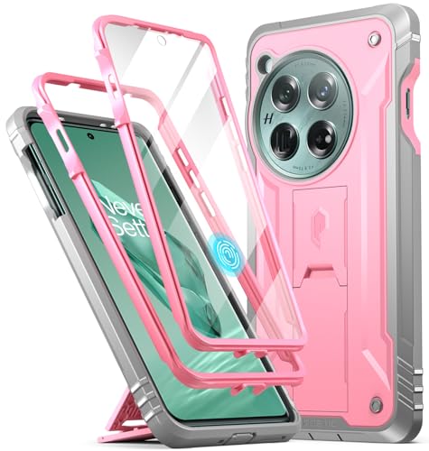 Poetic Revolution Hülle Kompatibel mit OnePlus 12 5G (2024), integrierter Displayschutz, funktioniert mit Fingerabdruck-ID, Robuste, Stoßfeste Ganzkörper-Schutzhülle mit Ständer, Pink