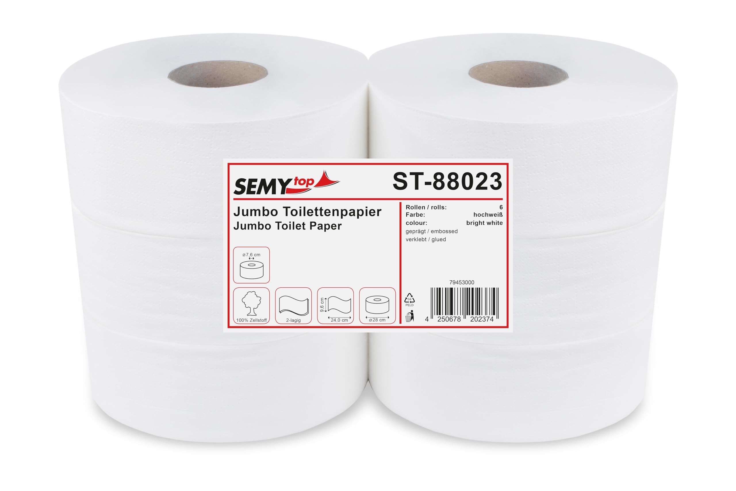 Semy Top ST-88023 Jumbo-Toilettenpapier, 2-lagig, Durchmesser 28 cm, Hochweiß (6-er Pack)