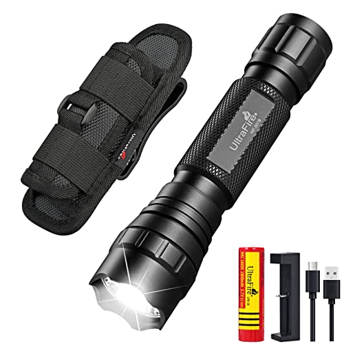 UltraFire LED Taktische Taschenlampe mit Holster, Single Mode 1000 Lumen Mini Taschenlampe mit Wiederaufladbarer Batterien und Ladegerät, Dienstgürtel Taschenlampenholster Halter Tasche, WF-501B
