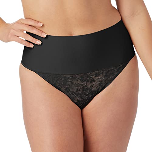 Maidenform Damen Tame Your Tummy Shaping Lace Thong with Cool Comfort Taillen-Shapewear, Schwarze Spitze, Large