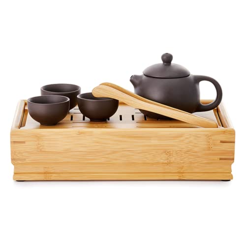 ChaCult | Zhong Teeservice | Chinesisches Teeservice aus Porzellan und Holz | Handgefertigtes chinesisches Teeservice Teeservice 1 Teekanne + 3 Tassen | Kung-Fu-Tee-Set