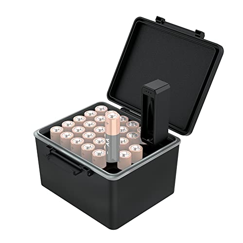 JJC 28 Fächer AA Batterie Organizer Aufbewahrungskoffer mit Batterietester, Wasserabweisender Harthalter Batterien Organizer mit abnehmbarem Batterieprüfer für 28 AA-Batterien
