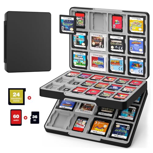 MoKo Game Card Hülle für Nintendo Switch/Switch OLED/3DS/2DS, 60 Slots Switch Game Halter & 24 Slots für 3DS/3DSXL/DS/DSi Cards & 36 Slots für SD Cards, Magnetverschluss, 3DS Schutzhülle, Schwarz+Grau