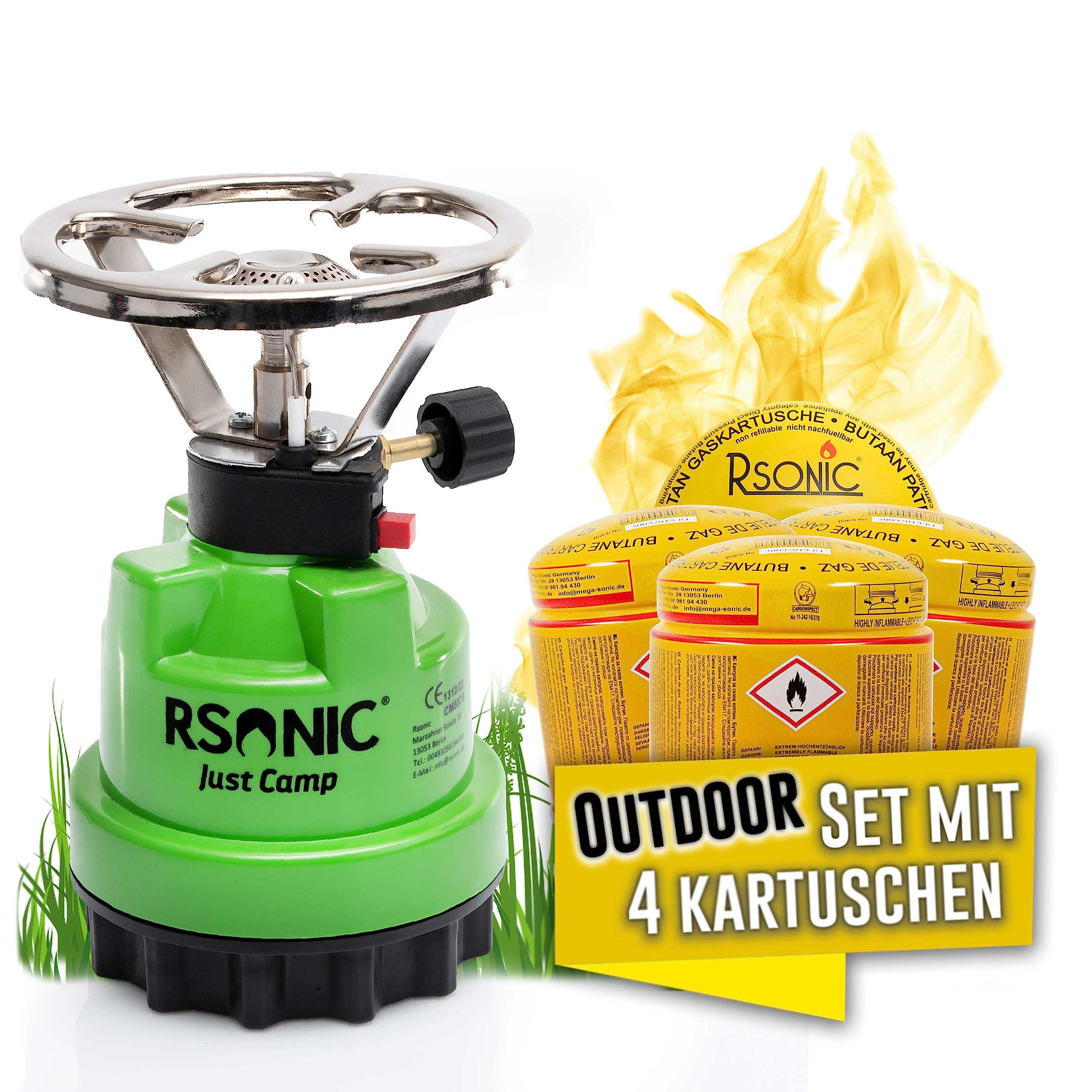 Rsonic Campingkocher Gaskocher Stechkartuschenkocher Kartuschenkocher mit Piezozündung Gasbrenner (Grün + 4 Kartsuchen)