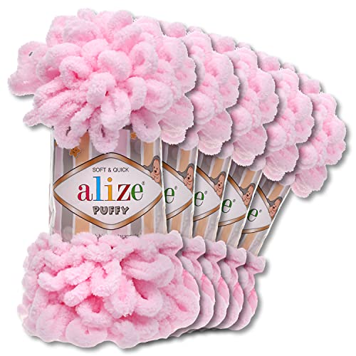 Alize 5 x 100 g Puffy Wolle Chenille Schlaufenwolle Häkeln und Stricken ohne Hilfsmittel Kleidung Accesoire Decken Teppiche (31 | Babyrosa)