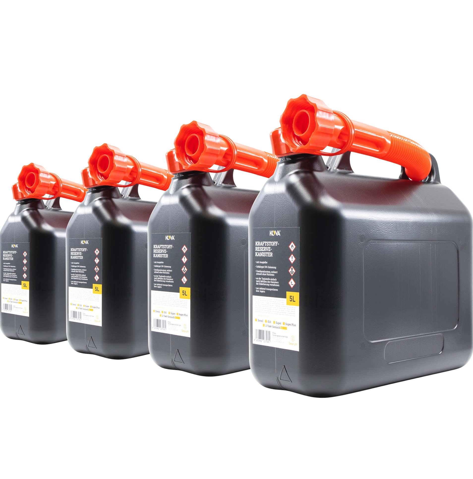 KOVA 4x 5L Benzinkanister - Kraftstoffkanister mit UN-Zulassung - Praktische Reserve Kanister in Schwarz - Auswahl zwischen 5L, 10L und 20L - Ideal für Benzin, Diesel & Kraftstoff