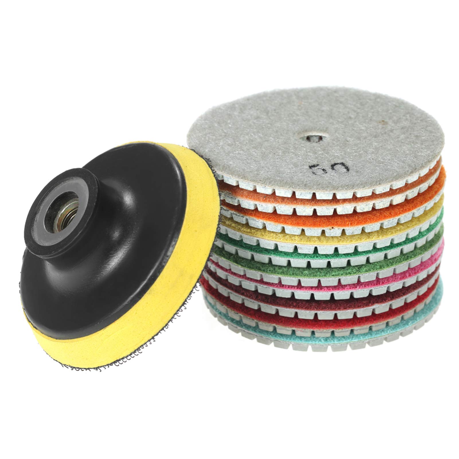 Keifen 10pcs 3-inch Diamond Flexible Wet Polishing Pads Grinding Disc + 1pc Backing Pad for Granite Marble Stone Ceramic Tile Concrete