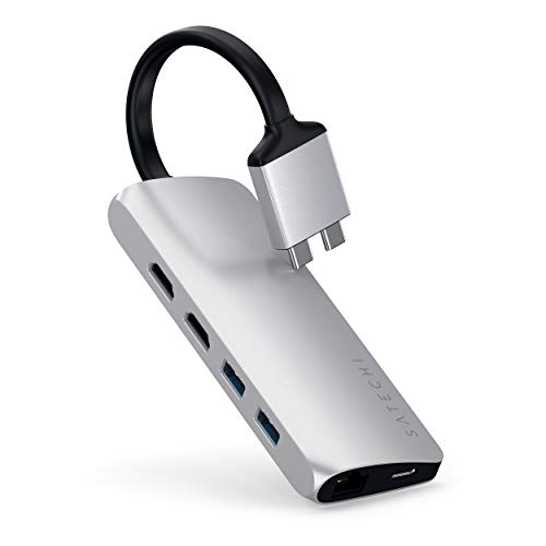 SATECHI Dualer Aluminium USB-C Multimedia Adapter mit dual 4K HDMI, USB-C PD, Gigabit-Ethernet, Micro SD/SD-Kartenlesern, USB 3.0 - Kompatibel mit 2018 MacBook Air, 2018 Mac Mini etc. (Silber)