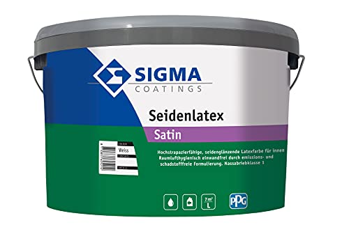 SIGMA Seidenlatex weiss, 5L - Wirtschaftliche, seidenglänzende Kunststoffdispersionsfarbe für innen. Raumlufthygienisch einwandfrei durch lösemittel- und weichmacherfreie sowie emissions- und schadstoffarme Formulierung.