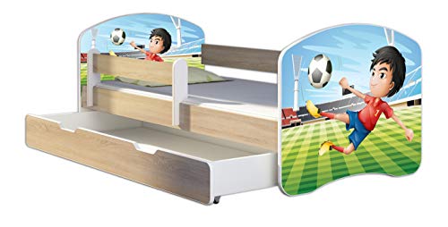 Kinderbett Jugendbett mit einer Schublade und Matratze Sonoma mit Rausfallschutz Lattenrost ACMA II 140x70 160x80 180x80 (13 Fußballer, 140x70 + Bettkasten)