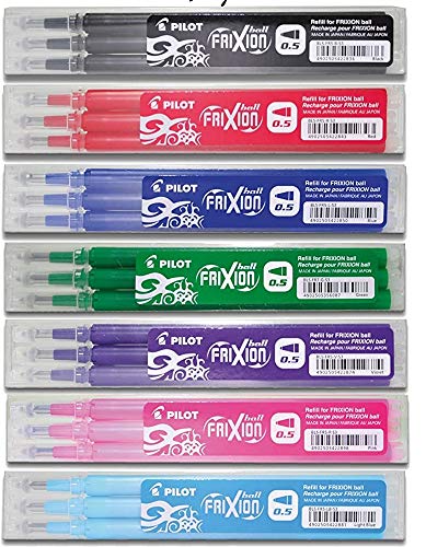 PILOT Tintenroller FRIXION ERSATZMINEN-SET für FriXion Clicker 05, 7 x 3er Sets Minen in allen Farben: blau, schwarz, rot, grün, pink, violett, hellblau