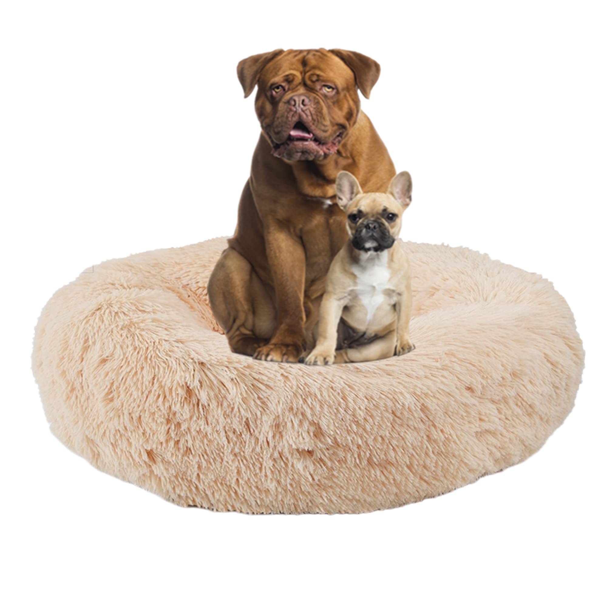 Rundes Haustierbett, beruhigendes Hundebett, Plüsch-Donut-Hundematte mit rutschfester Unterseite, Welpenbetten, Anti-Angst, Kunstfell, großes Hundebett für Hunde und Katzen (120 cm, Beige)