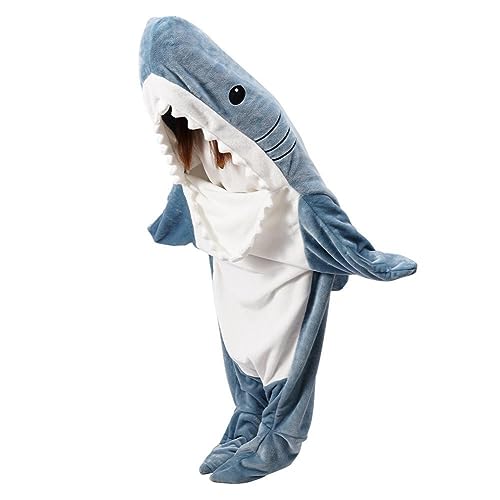 Hai-Decke Flanell tragbare Decke Hoodies Ultra Soft Shark Decke Hoodie Cosplay Tier Hai Kostüm für Haifischliebhaber, Blau, Size M = 67in*27.5in/170*70cm