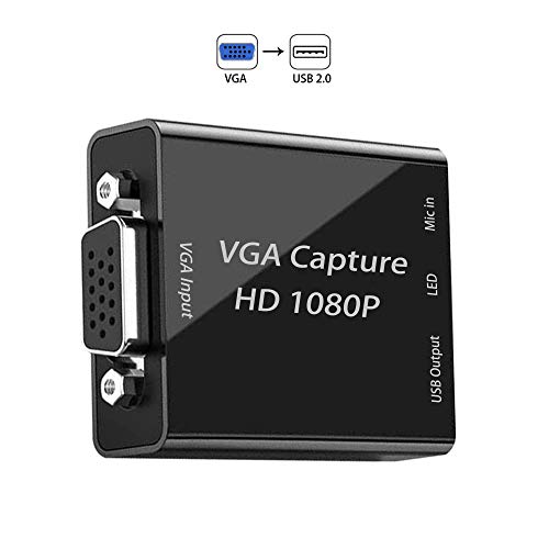 VGA-Capture Karte, VGA-auf-USB-Aufnahmegerät mit Mikrofon-Eingang, unterstützt Full HD 1080P Video für Gaming, Streaming, Unterricht, Videokonferenz, Live-Rundfunk