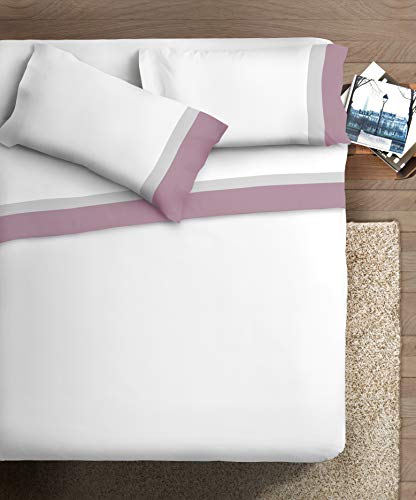 Bettwäsche-Set mit doppeltem Rüschen, aus Baumwolle, für Doppelbett, Satin, Malve / Grau, CH Hintergrund Weiß