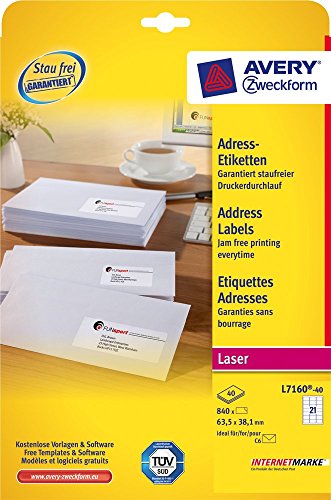 Avery Selbstklebende Adress-Versandetiketten (Amazon FBA-Barcode-Etiketten), Laserdrucker, 21 Etiketten pro A4-Blatt, 840 Etiketten, UltraGrip (L7160), weiß