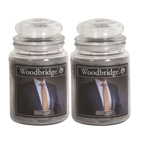 Woodbridge Duftkerze im Glas mit Deckel | 2er Set Seduction | Duftkerze Amber | Kerzen Lange Brenndauer (130h) | Duftkerze groß | Kerzen Grau (565g)