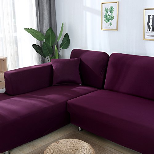 JIAN YA NA Sofabezug, dehnbar, für Ecksofa, aus Polyester, dehnbare Bezüge für L-förmiges Sofa + 2 Kissenbezüge (rote Beere, 2-Sitzer + 3-Sitzer)