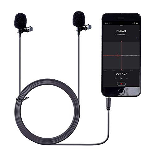 Movo PM20 zweiköpfiges Lavalier Lapel Clip-on omnidirektionales Kondensator-Mikrofon (für Dual Mono oder Stereo Aufnahmen) für Apple iPhone, iPad, iPod Touch, Android und Windows Smartphones