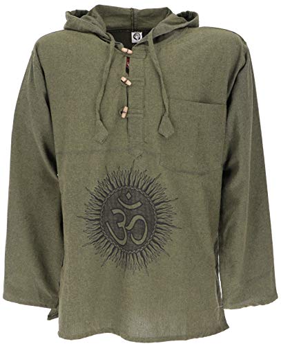 GURU SHOP Yoga Hemd, Goa Hemd Om, Sweatshirt, Olive/schwarz, Baumwolle, Size:XL, Hemden Alternative Bekleidung