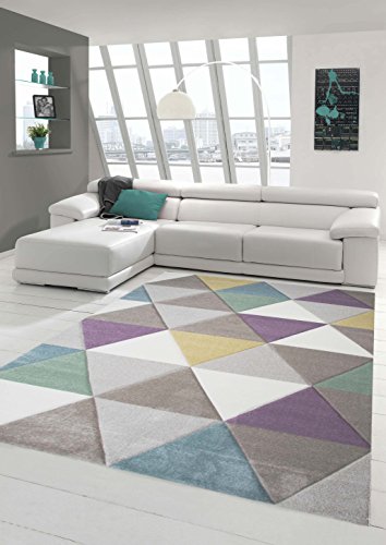 Traum Teppich Designerteppich Moderner Teppich für Wohnzimmer Kurzflor Teppich mit Konturenschnitt Dreieck in Lila Beige Grau, Größe 80x150 cm