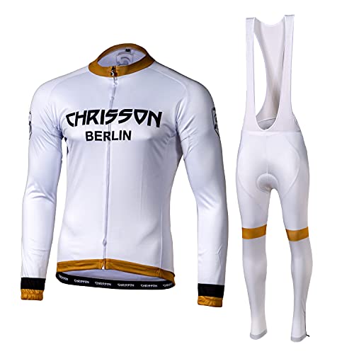 CHRISSON Essential Whiteline Gold XL Fahrradtrikot Set - Herren Langarm Trikot und Lange Trägerhose mit Gel Sitzpolster, Atmungsaktive und Schnelltrocknende Fahrradbekleidung
