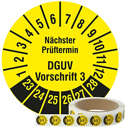 Labelident Mehrjahresprüfplaketten 2023-2028 - Nächster Prüftermin DGUV Vorschrift 3 - Ø 20 mm, 1000 widerstandsfähige Prüfplaketten auf Rolle, Polyethylen, gelb, selbstklebend