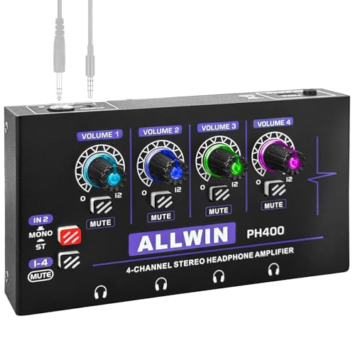 ALLWIN 4 Kanal Kopfhörerverstärker, Metall Mono/Stereo Mini Audio Verstärker Headphone Amplifier 3.5&6.35mm 1in4out, für kleine Bands/Clubs/Bars/Bühnenmixer