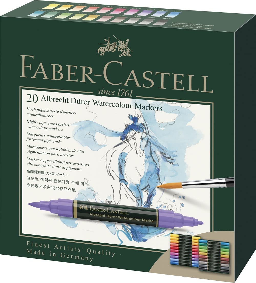 Faber-Castell 160320 - Aquarellmarker Albrecht Dürer mit Doppelspitze, 20er Etui, Marker mit Faser- und Pinselspitze