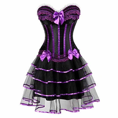 Jutrisujo Korsett Kleider Damen Set Rock Dress Corsagenkleid Corsage Bustier Streifen Spitze Gothic Burlesque Sexy Violett XL