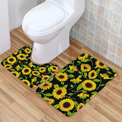 Badezimmerteppich-Set mit Sonnenblumen-Druck, Flanell, rutschfest, saugfähig, Badezimmerteppich, WC, U-förmiger Konturteppich, 2 Stück